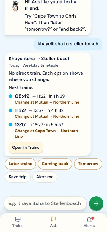 The Ask tab answering 'khayelitsha to stellenbosch' with the next three trips.