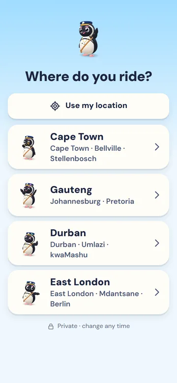 The app's first screen: Where do you ride? Choose Cape Town, Gauteng, Durban or East London, or use your location.