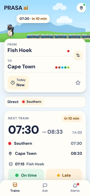 The Trains screen: Fish Hoek to Cape Town, next train 07:30 arriving 08:33.