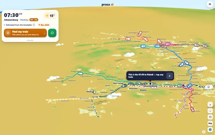 Gauteng in the 3D world at 07:30: the Johannesburg and Pretoria lines with trains on them.