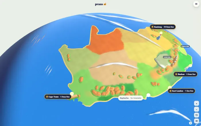 The 3D world's globe: South Africa with Cape Town, Gauteng, Durban and East London marked.